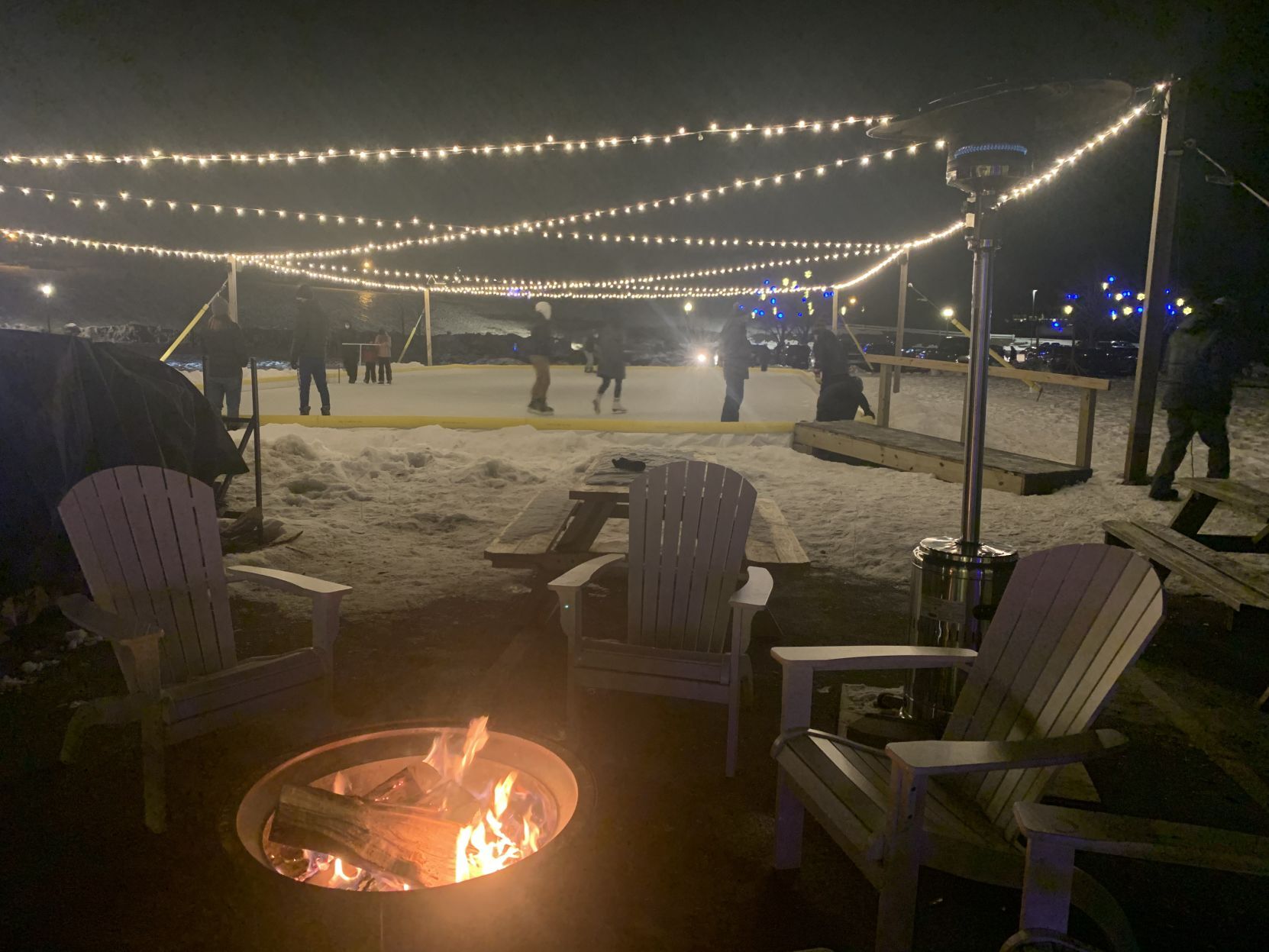 Ice skating and bonfire right outside the ice castle